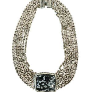 Vintage BEN AMUN Necklace Silver Tone Chain Obsidian Stone Pendant Chunky